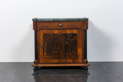 A marble-topped one-door buffet in burr walnut veneer painted with a romantic scenery, 19th C.