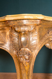 A patinated wooden rocaille table with yellow marble top, France, 18th C.