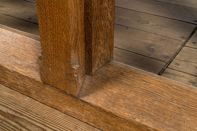 A pair of Gothic Revival oak wooden consoles with bluestone top, 19/20th C.