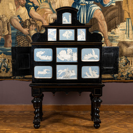 A most probably Greek ebonised wooden cabinet on foot with Wedgwood-style gods' and goddesses' plaques, 19/20th C.