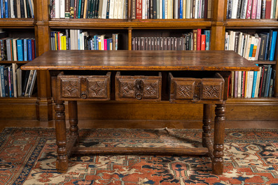 A Spanish walnut table with three drawers, 17th C.