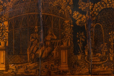 Een met romantisch decor beschilderd &eacute;&eacute;ndeursbuffet in fineer van wortelnoot met marmeren bovenblad, 19e eeuw