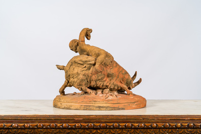 A terracotta group with two Bacchantes and a goat, 19/20th C.