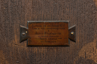 A French oak Gothic Revival tabernacle with gilt bronze plaque, inscribed and dated 1872