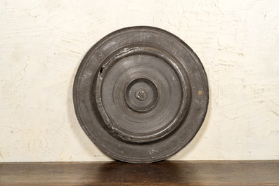 A large pewter 'temperantia' dish, Caspar Enderlein, Nuremberg, Germany, 1st quarter 17th C.