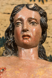 Saint S&eacute;bastien en pierre calcaire sculpt&eacute;e et polychrom&eacute;e, 17&egrave;me