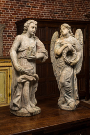 Two large stone sculptures of Judas holding crowns and an angel with a crown of thorns, 18th C.