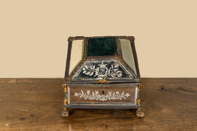 A German engraved and enamelled mirror glass and partly gilt metal box, inscribed and dated 1749