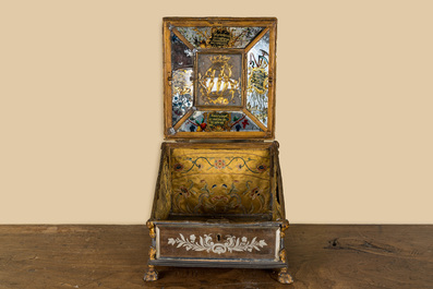 A German engraved and enamelled mirror glass and partly gilt metal box, inscribed and dated 1749