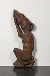 A carved wooden balustrade fragment in the shape of a female dragon, 19th C.