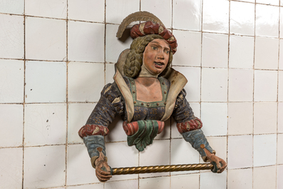 A rare polychromed wooden towel rack in the shape of a noble lady, 19th C.