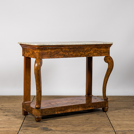 A French burl wood veneered Louis Philippe console with marble top, 19th C.