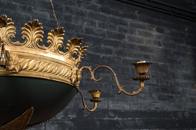A French neoclassical green-patined and partly gilt brass chandelier, 19th C.