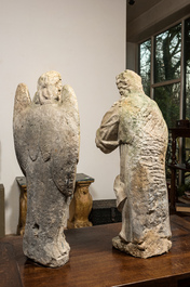 Two large stone sculptures of Judas holding crowns and an angel with a crown of thorns, 18th C.