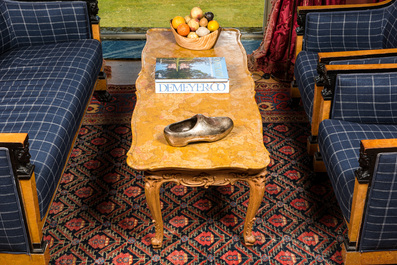 An oak Louis XV-style side table with marble top, 20th C.