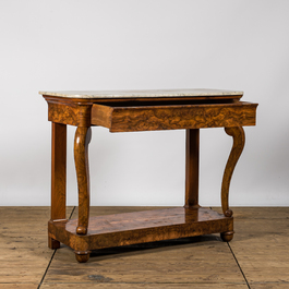 A French burl wood veneered Louis Philippe console with marble top, 19th C.