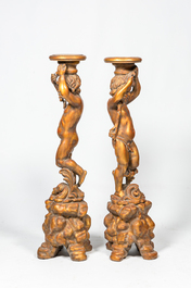 A pair of gilt wooden bacchante-shaped pedestals, 19/20th C.