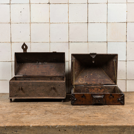 Two boxes in engraved cast iron and wood with wrought iron mounts, 18/19th C.