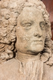 A pair of French stone busts of noblemen, 18th C.