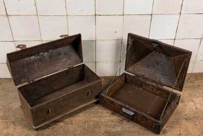 Two boxes in engraved cast iron and wood with wrought iron mounts, 18/19th C.