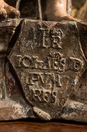 Een grote polychrome notelaren Sint-Sebastiaan op basis met inscriptie, Zuid-Frankrijk, midden 16e eeuw
