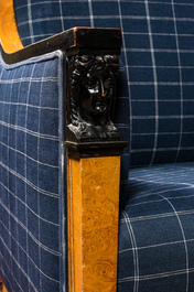 A root wood veneer and partly ebonised wooden salon with two armchairs and a sofa, 19/20th C.