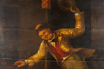 English school: 'The drunkard', oil on panel, 19th C.