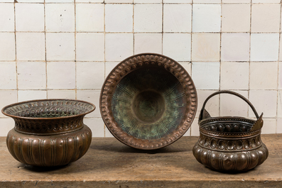 Two hammered brass basins and a handled kettle, Italy, 17th C. and later