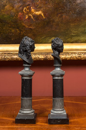 A pair of partly patinated pewter busts on a pedestal, 19th C.
