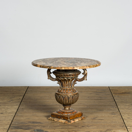 A neoclassical patinated wooden side table with marble top, 19th C.