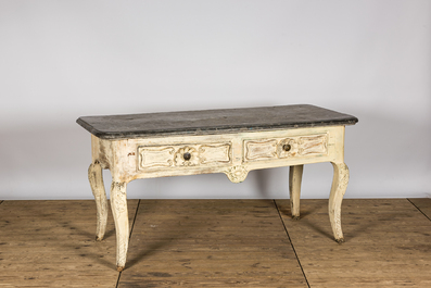 A Louis XV-style patinated oak wooden console table with bluestone top, 18/19th C.