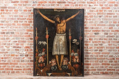Cuzco school, Peru: 'Crucified Christ', oil on canvas, 17/18th