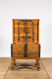 An iron-mounted pine chest on foot, dated 1661, 17th C. and later