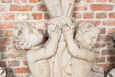 Four large white patinated wooden sculptures with two cherubs on a knotted curtain, 19th C.