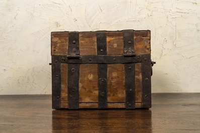 A wrought iron-mounted wooden box, 18/19th C.