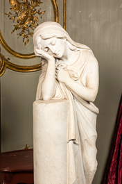 A large marble sculpture of a weeping lady or pleurant resting on a column, France, 19th C.