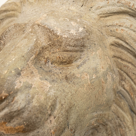 A pair of large patinated wooden lions, 19th C.