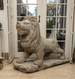 A pair of large patinated wooden lions, 19th C.