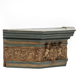 A polychrome wooden and alabaster armorial console with putti, 18th C.