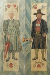 Quatre panneaux en bois polychrome &agrave; d&eacute;cor de figures, probablement Allemagne, 19/20&egrave;me