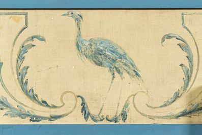 Vier Franse polychrome beschilderde wandbekledingen met apen en vogels, 19e eeuw