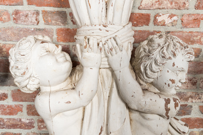 Four large white patinated wooden sculptures with two cherubs on a knotted curtain, 19th C.