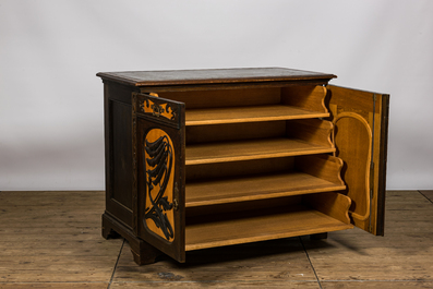 A partly veneered oak wooden Art Nouveau-style linen cupboard with marble top, 20th C.