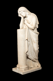 A large marble sculpture of a weeping lady or pleurant resting on a column, France, 19th C.