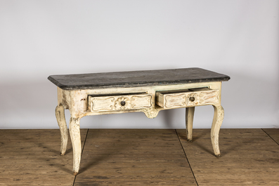 A Louis XV-style patinated oak wooden console table with bluestone top, 18/19th C.