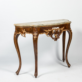 A Louis XV-style patinated wooden console with faux marble top, 19/20th C.