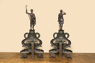 A pair of patinated bronze andirons with Greek gods, 19th C.