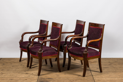 Four French Directoire armchairs with purple upholstery, 19th C.