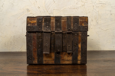 A wrought iron-mounted wooden box, 18/19th C.