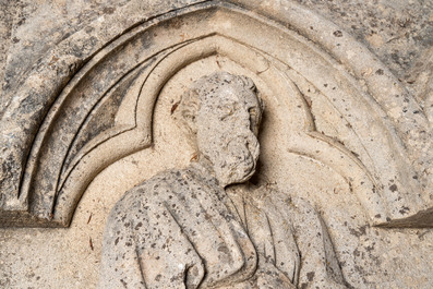 An architectural sandstone fragment with Saint Mark and a lion, 14/15th C.